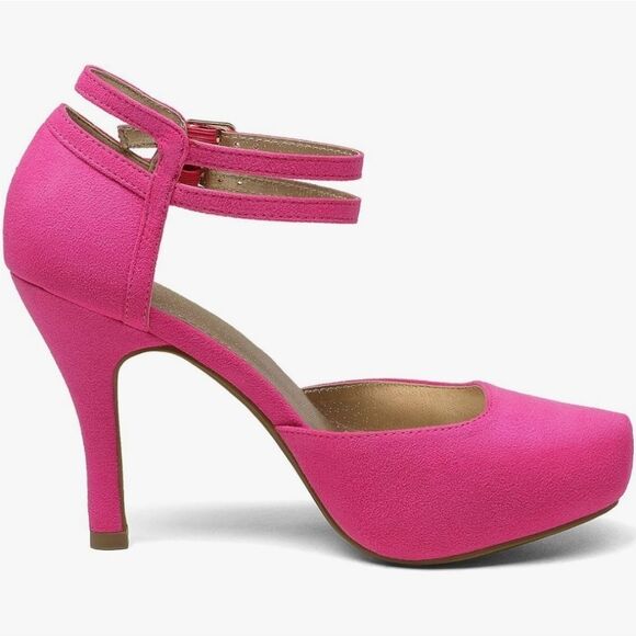 📷🔥Hot Pink Faux Suede Leather Double Ankle Strap Platform Heels Size 7.5 - Picture 4 of 6